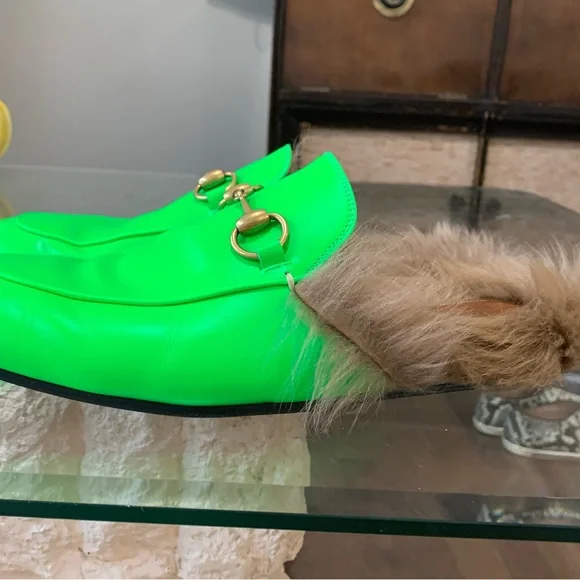 Neon green fur lined Gucci slip ons - Picture 4 of 10